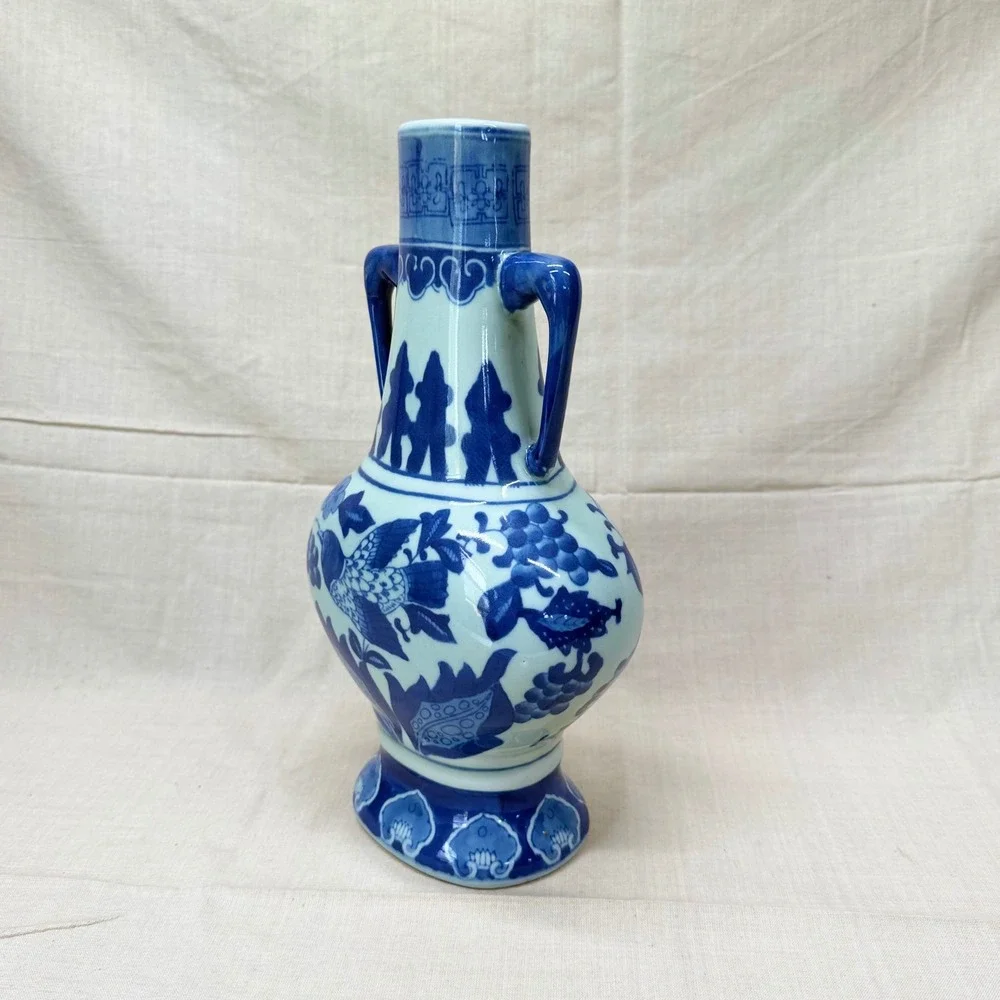 Vintage Blue and White Porcelain Bird Vase with Handles Chinoiserie 12 Inch